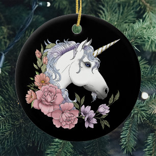Weiße Einhorn-Blume Rosa Schwarz Keramik Ornament