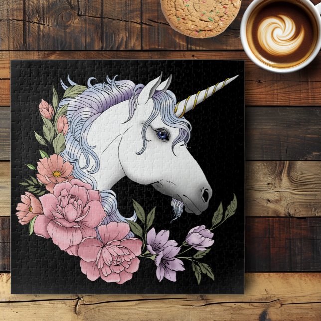 Weiße Einhorn-Blume Rosa Schwarz Puzzle (Von Creator hochgeladen)