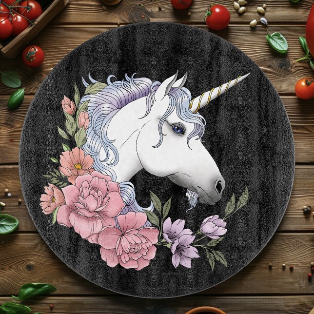 Weiße Einhorn-Blume Rosa Schwarz Schneidebrett (Von Creator hochgeladen)