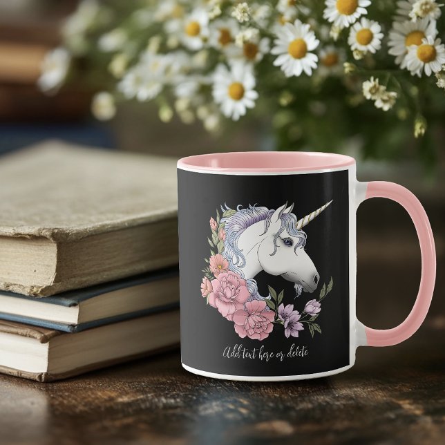 Weiße Einhorn-Blume Rosa Schwarz Tasse (Von Creator hochgeladen)