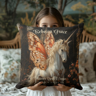 Weiße Einhorn-Fee mit orangen Schmetterlingsflügel Kissen
