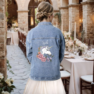 Weiße Einhorn-Pastell-Blumen-Fantasy-Hochzeit Jeansjacke