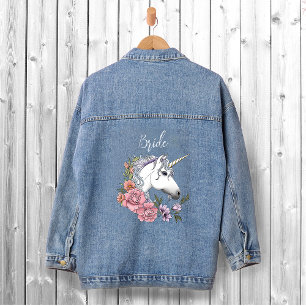 Weiße Einhorn-Pastell-Blumen-Fantasy-Hochzeit Jeansjacke