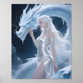 Weiße Eisdrachenkönigin Fantasy Silberblau Poster