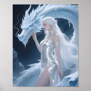 Weiße Eisdrachenkönigin Fantasy Silberblau Poster