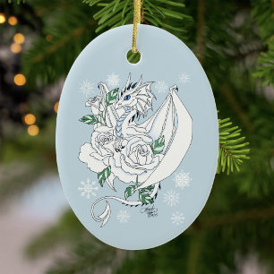 Weiße elegante Eisdrache blaue Rosen Fantasy Keramik Ornament