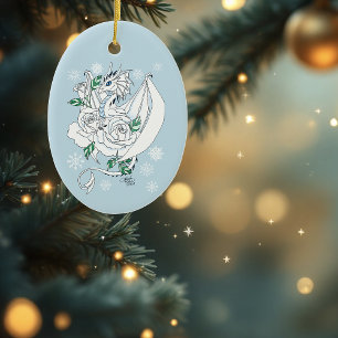 Weiße elegante Eisdrache blaue Rosen Fantasy Keramik Ornament