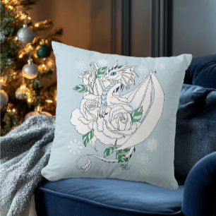 Weiße elegante Eisdrache blaue Rosen Fantasy Kissen