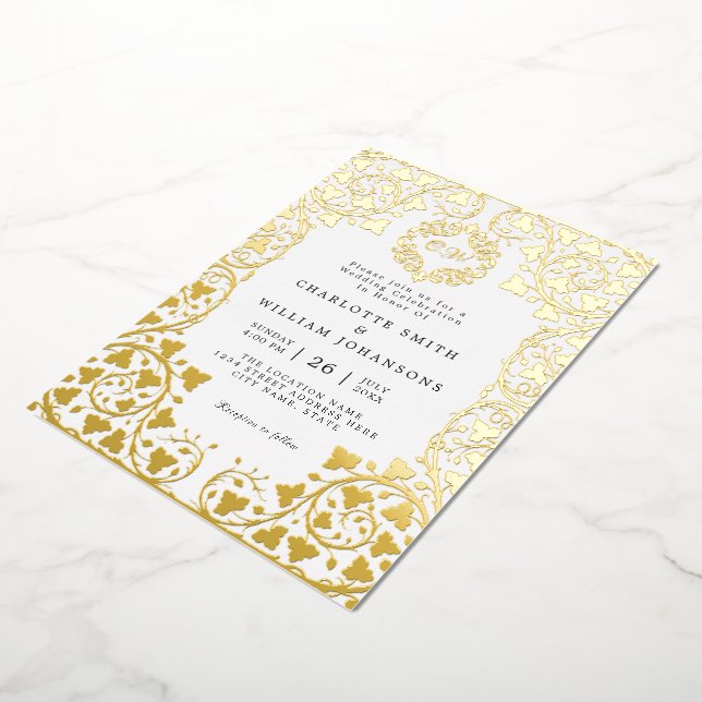 Weiße, elegante Goldflorale-Rahmen Erstauflegung Folieneinladung (Gedreht)