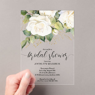 Weiße elegante Rosen Brautparty Acryl Acryleinladungen