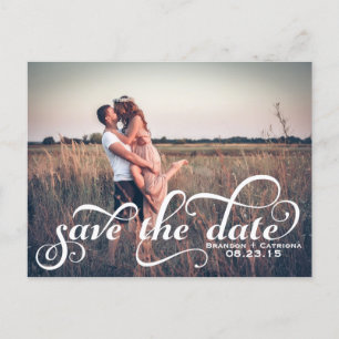 Weiße elegante Schriftzug-Foto-Save-the-Date-Postk Ankündigungspostkarte