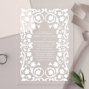 Weiße elegante verzierte Blumenrahmen-Hochzeit  Acryleinladungen
