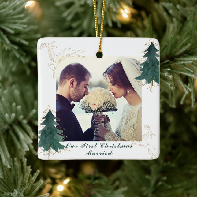 Weiße elegante Wasserfarben Bäume Unser erstes Wei Keramikornament (Baum)