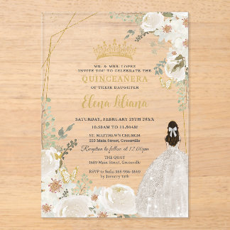 Weiße Elfenbein Blumen Prinzessin Gold Quinceanera Acryleinladungen