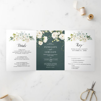 Weiße Elfenbeincreme-Rose Botanische Hochzeit flor Dreifach-gefaltete Programmkarte