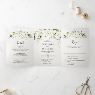 Weiße Elfenbeincreme-Rose Botanische Hochzeit flor Dreifach-gefaltete Programmkarte