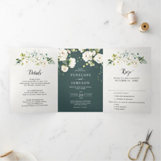 Weiße Elfenbeincreme-Rose Botanische Hochzeit flor Dreifach-gefaltete Programmkarte