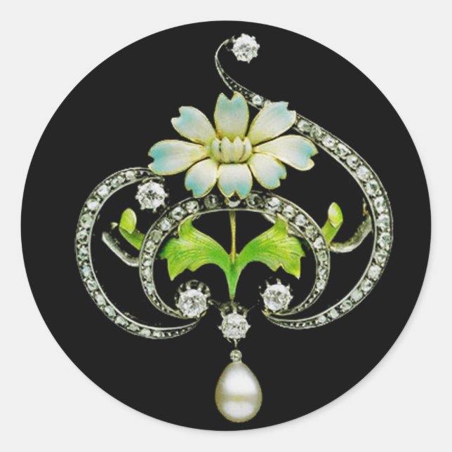 WEISSE ENAMEL BLUME, PEARLS UND DIAMONEN JEWEL RUNDER AUFKLEBER (Vorderseite)