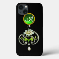 WEISSE ENAMEL-BLUME, PEARLS UND DIAMONEN-MONOGRAMM