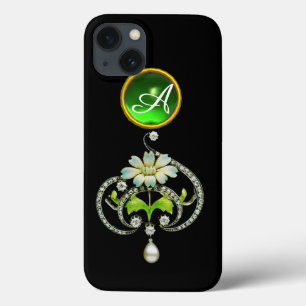 WEISSE ENAMEL-BLUME, PEARLS UND DIAMONEN-MONOGRAMM iPhone 13 HÜLLE