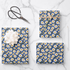 Weiße englische Gänseblümchen auf Dunkelblau Geschenkpapier Set