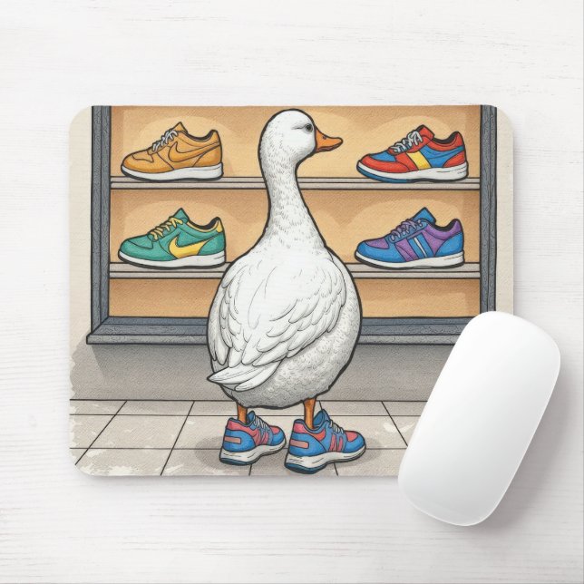 Weiße Ente beim Schuhkauf Mousepad (Mit Mouse)