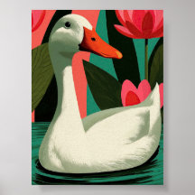 Weiße Ente Lotus Teich Botanische Wandkunst