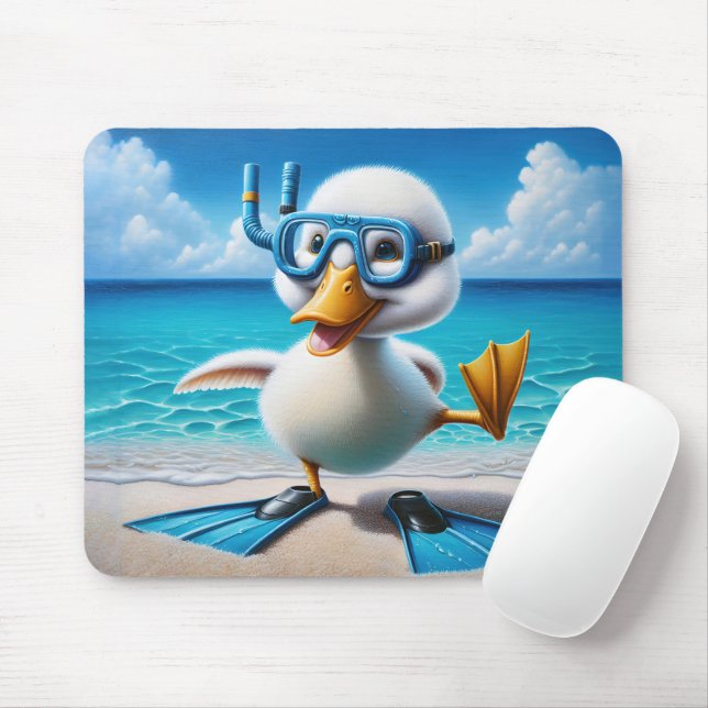 Weiße Ente mit Schnorchel am Strand Mousepad (Mit Mouse)