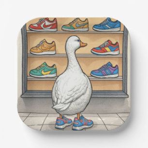 Weiße Ente schaut sich Schuhe im Schaufenster an Pappteller