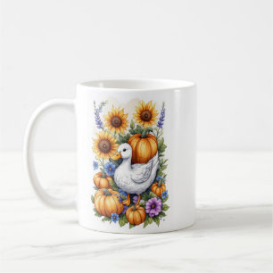 Weiße Ente, Sonnenblume, Kürbisse und Blumen Kaffeetasse