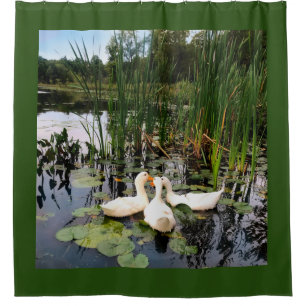 Weiße Enten, Lilienpads, Fesseln, Seeufer Duschvorhang