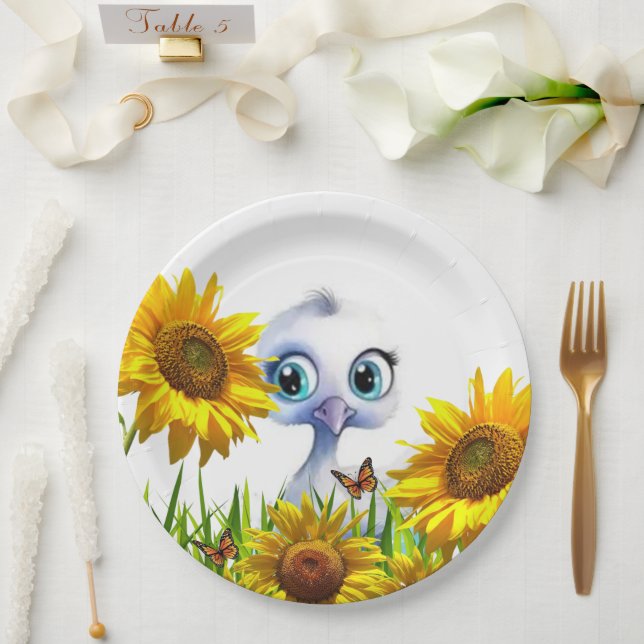 Weiße-Enten-Sonnenblumen-Schmetterling-Papiertelle Pappteller (Hochzeit)