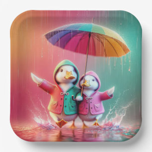 Weiße Enten wandern im Regen Pappteller