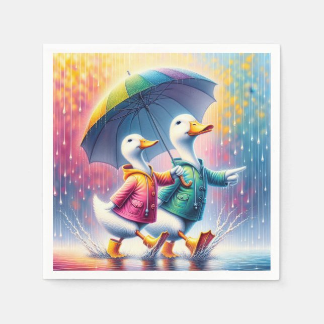 Weiße Enten wandern im Regen Serviette (Vorderseite)