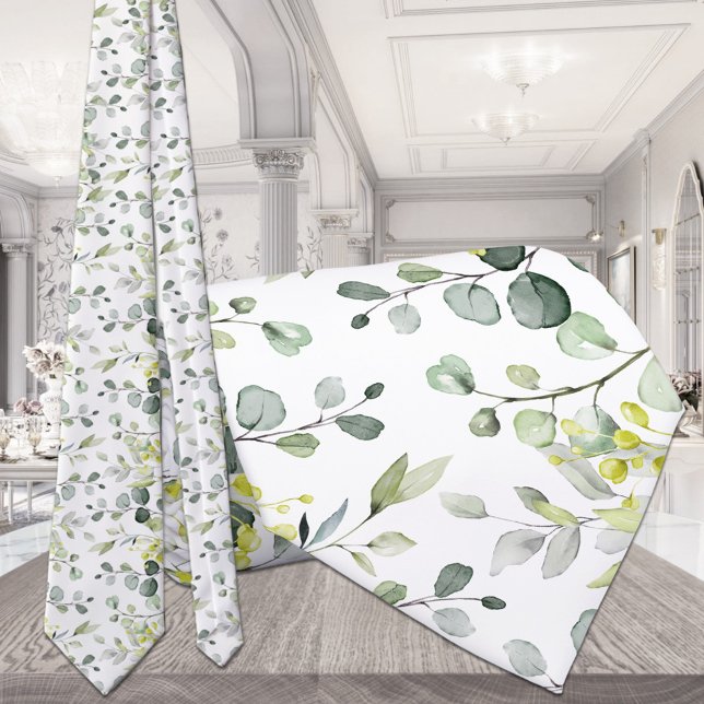 Weiße Eukalyptus-Grüne Hochzeit kleines Muster Krawatte (Von Creator hochgeladen)