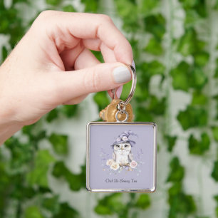 Weiße Eule Lila Hut Hübsche Blumen Schlüsselanhänger