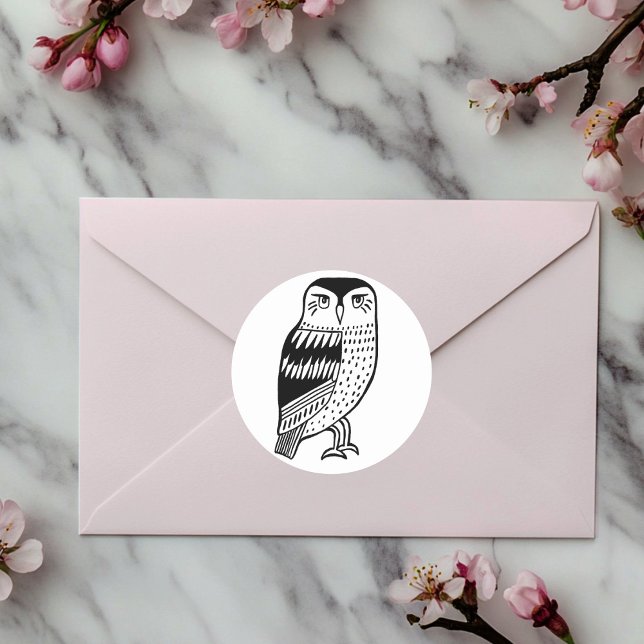 Weiße Eule-Linie zeichnend schwarz Runder Aufkleber (Wise Owl line drawing black Classic Round Sticker
)