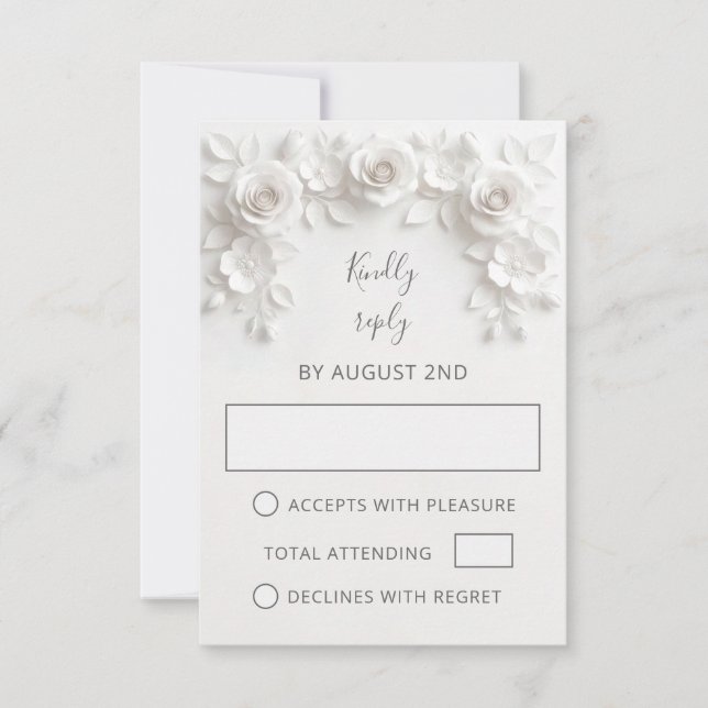 Weiße falsche Rosen Hochzeit Papier geschnitten RSVP Karte (Vorderseite)