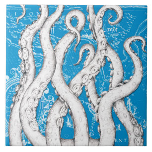 Weiße Fangarme Oktopus Vintage Karte Blau Nautisch Fliese