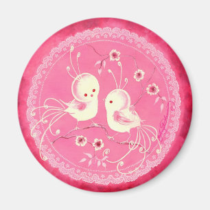 Weiße Fantasie-Vögel mit Blumen u. Spitze-Grenze Magnet