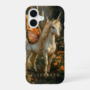 Weiße Fantasy-Fee-Pferd Orange Schmetterlingsflüge iPhone 16 Hülle