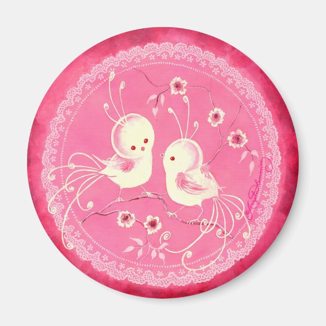 Weiße Fantasy-Vögel mit Blume & Spitzen-Border Magnet (Vorne)