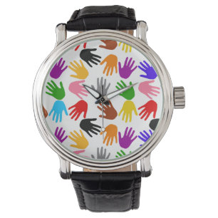 Weiße farbenfrohe Handabdruck-Musterdesign Armbanduhr