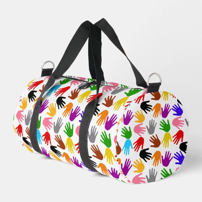 Weiße farbenfrohe Handabdruck-Musterdesign  Duffle Bag (Linke Seite)