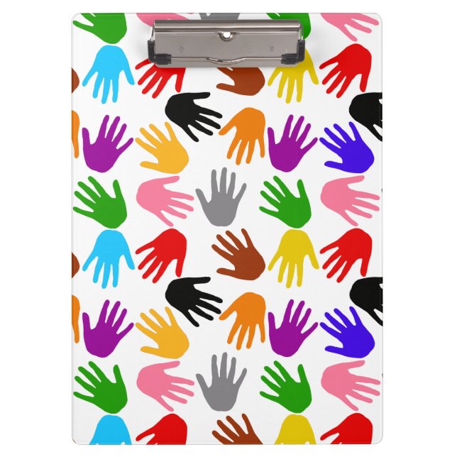Weiße farbenfrohe Handabdruck-Musterdesign  Klemmbrett (Vorderseite)