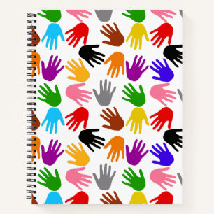 Weiße farbenfrohe Handabdruck-Musterdesign Notizbuch
