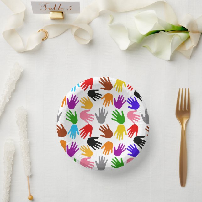 Weiße farbenfrohe Handabdruck-Musterdesign  Pappteller (Hochzeit)