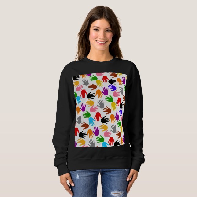 Weiße farbenfrohe Handabdruck-Musterdesign  Sweatshirt (Vorne ganz)