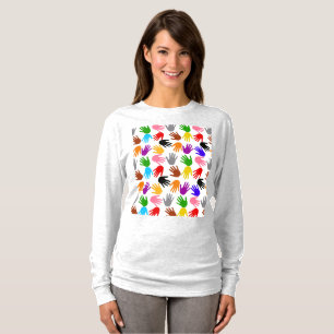 Weiße farbenfrohe Handabdruck-Musterdesign T-Shirt