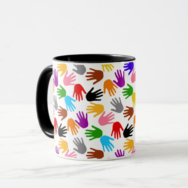 Weiße farbenfrohe Handabdruck-Musterdesign  Tasse (Vorderseite Links)